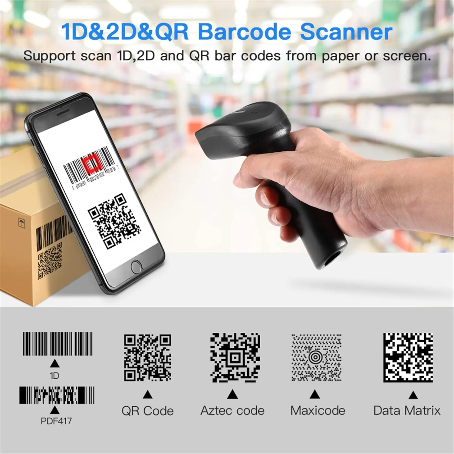 71Ww AOQI-A82 1D 2D Wireless QR Code Barcode Scanner Reade Wireless QR Code & Barcode Scanner Reader with 2.4G Bluetooth receiver for Computers, NetumScan 1D 2D Automatic Handhold USB Barcode Scanner for Store, Warehouse POS | AOQI-A82
