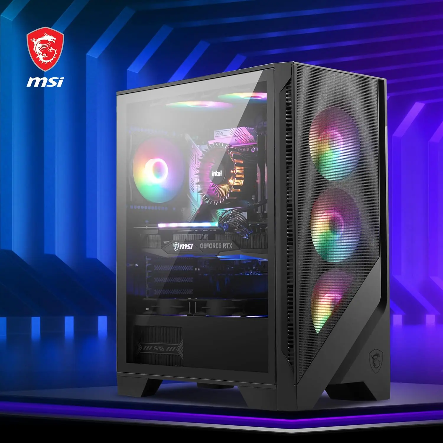 306-7G23A21-809 MSI MAG Forge 120A ATX RGB Gaming PC Case MSI MAG Forge 120A Airflow Premium Gaming PC Case: Auto RGB Fan, Vertical GPU Bracket, Side Air Vents, 360mm Radiator Support, 4mm Thick Tempered Glass, Supports Up to 8 Fans | BLACK