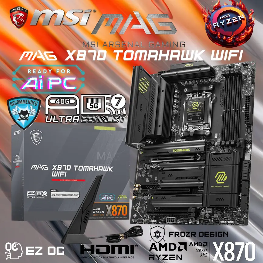 MAG X870 TOMAHAWK WIFI 911-7E51-005 MAG X870 TOMAHAWK WIFI AM5 ATX Motherboard MSI MAG X870 TOMAHAWK WIFI AM5 ATX Gaming Motherboard, 4x SATA 6Gb/s, AMD Wi-Fi 7,USB 4.0 , Audio Boost 5 ; Supports AMD Ryzen™ 9000 / 8000 / 7000 Series Desktop Processors