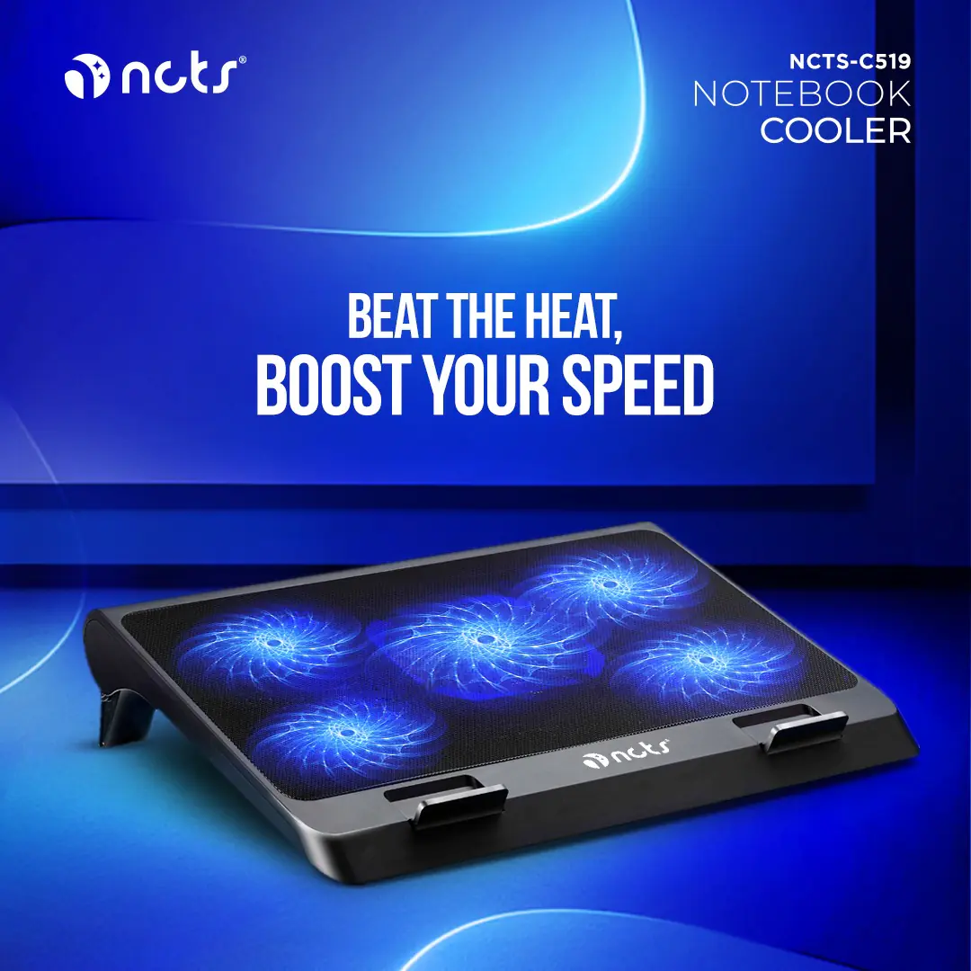 NCTS-C519-1 NCTS-C519 NCTS-C519 Notebook Cooling Pad NCTS-C519 Notebook Cooling Pad – Dual-Level Height Adjustment, 5 Fans, 1400-2700RPM, USB-Powered, Includes 2 USB Ports ; Supports Up to 17” Laptops | BLACK