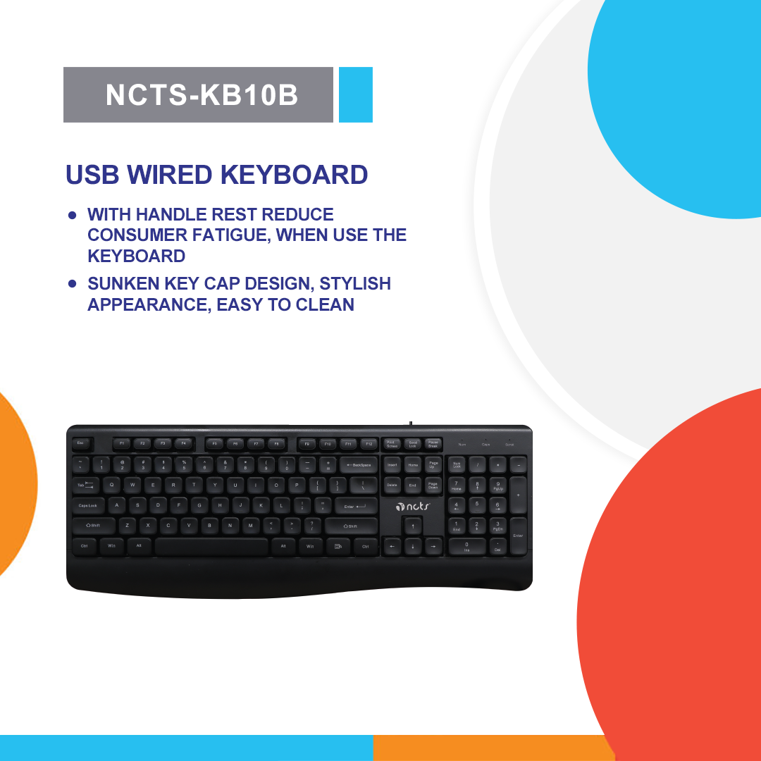NCTS KB10B Wired Black Keyboard: Compact Design, Quiet Keys, Anti-Ghosting, Durable Build, Enhanced Typing Experience, Ideal for Gaming, Office, and Casual Use.