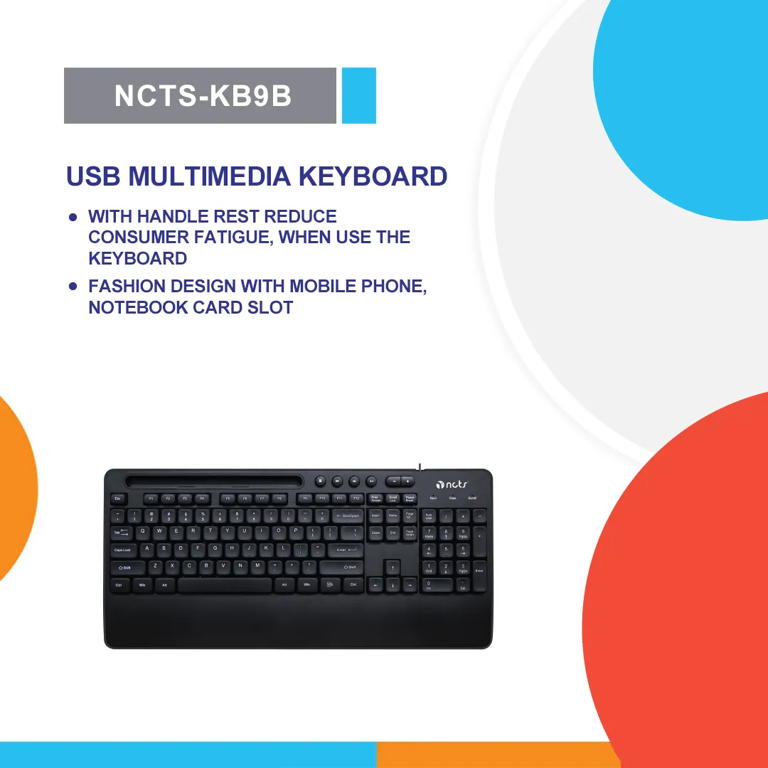 NCTS KB9B Wired Black Keyboard with Phone Holder: Ergonomic Design, Quiet Membrane Keys, Anti-Ghosting, Built-in Phone Stand, Ideal for Productivity, Office Work, and Casual Gaming. - Image 1