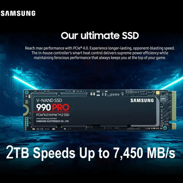 MZ-V9P2T0BW SAMSUNG 990 PRO SSD 2TB PCIe NVMe 7450MB SAMSUNG 990 PRO SSD 2TB PCIe 4.0 M.2 2280 Internal Solid State Hard Drive, Seq. Read Speeds Up to 7,450 MB/s for High End Computing, Gaming, and Heavy Duty Workstations | MZ-V9P2T0BW