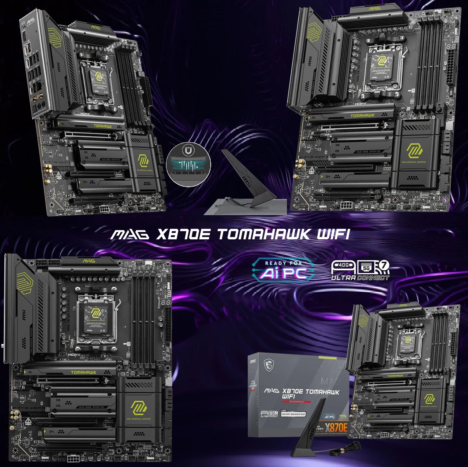 911-7E59-002 MAG X870E TOMAHAWK WIFI AM5 ATX Motherboard MSI MAG X870E TOMAHAWK WIFI AMD AM5 ATX Motherboard ;  Dual Channel DDR5 8400+ MT/s (OC) ; PCIe 5.0 slot, Lightning Gen 5 x4 M.2 ; Audio Boost 5 ; Frozr Guard Heatsink ; Supports AMD Ryzen™ 9000 / 8000 / 7000 Series