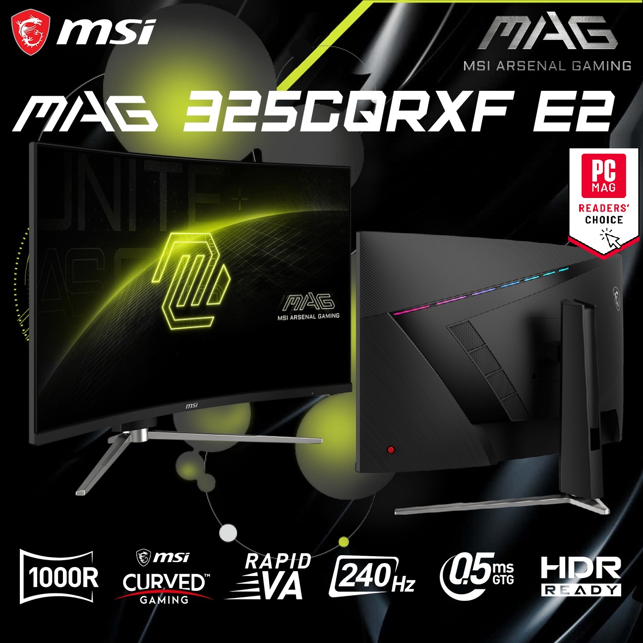 black-msi-mag-tabp 9S6-3DC14H-074 MAG 32 inch WQHD 240Hz Curved Gaming Monitor MSI MAG 325CQRXF E2 31.5" WQHD 240Hz Curved Gaming Monitor ;(1000R) HDR Ready Rapid VA Panel 0.5ms GtG ; 2560 x 1440 (WQHD) High Resolution ; (1000R) Curved Display ; AI Vision ; Height/Tilt/Swivel Adjustability