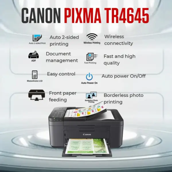 TR4645 PIXMA TR4645 4-in-1 Wireless Ink Printer Canon PIXMA TR4645 – Compact 4-in-1 Inkjet Wireless Printer " Print, copy, scan, and fax " With Wi-Fi, Auto Duplex, ADF, Cloud Printing, High-Quality Output, Smart App Control, Borderless Printing | BLACK