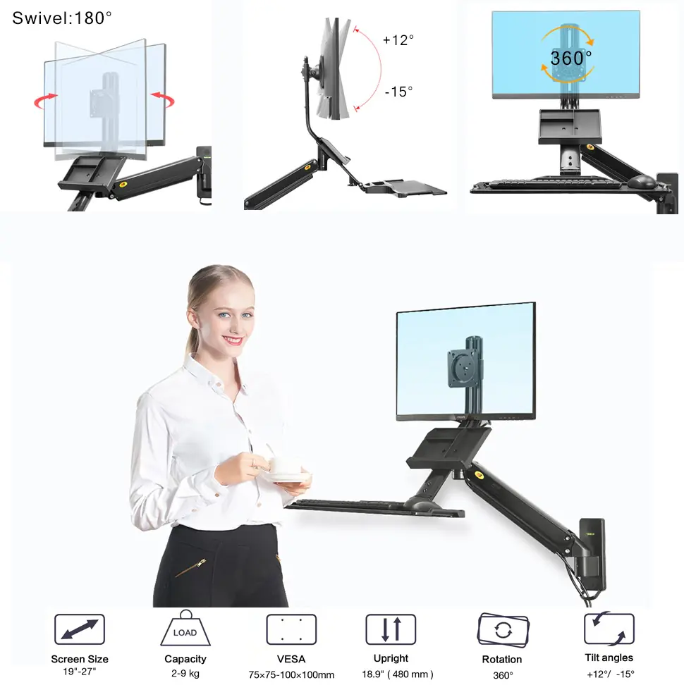 NB-D32-MONITOR-KB NB Sit Stand Workstation Wall Mount 19-27 inch NB North Bayou Sit Stand Workstation Wall Mount Height Adjustable Sit-Stand Converter for 19''-27'' Screens with Keyboard Tray, VESA 75/100, Load Capacity from 4.4-19.8lbs | NB-D32 