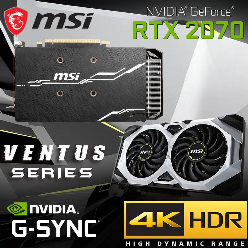 nitUFr7WR MSI-2070-VENTUS-USED GeForce RTX 2070 VENTUS GP Graphics Card 8GB MSI GeForce RTX 2070 VENTUS GP Graphics Card, 8GB GDDR6, 1620 MHz Boost Clock, Dual Fan Thermal Design, VR Ready, G-SYNC, 4K HDMI, 7680x4320 Max Resolution, and Overclocking Support