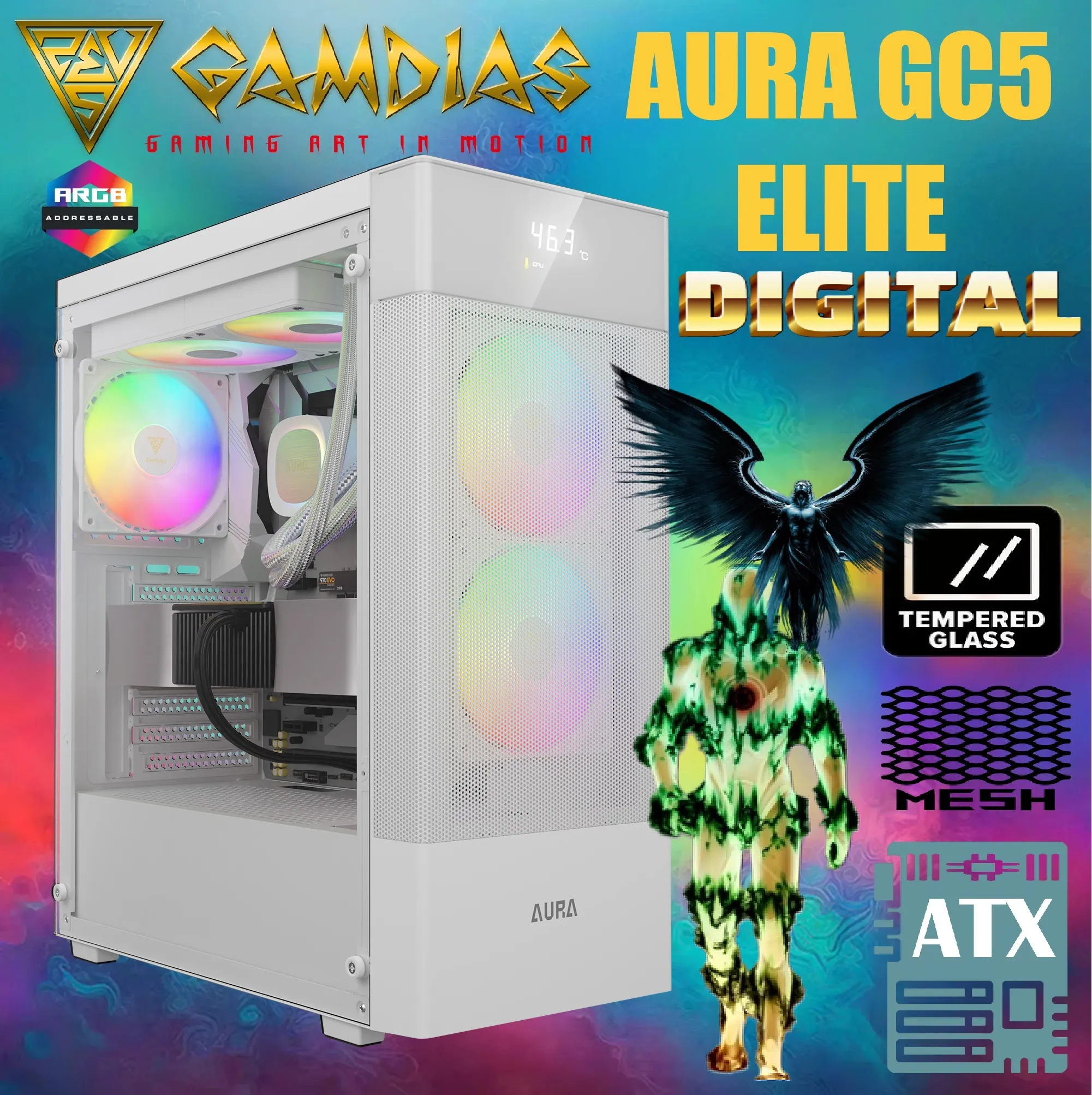 AURA-GC5-ELITE-AR-WH AURA GC5 Elite ARGB Digital ATX WHITE PC Case GAMDIAS AURA GC5 Elite ARGB Mid-Tower – Mesh Front, Digital Display, 3x ARGB Fans, Panoramic Glass, 360mm Radiator Support, Tool-Free Install, ATX/M-ATX/ITX Compatible | WHITE