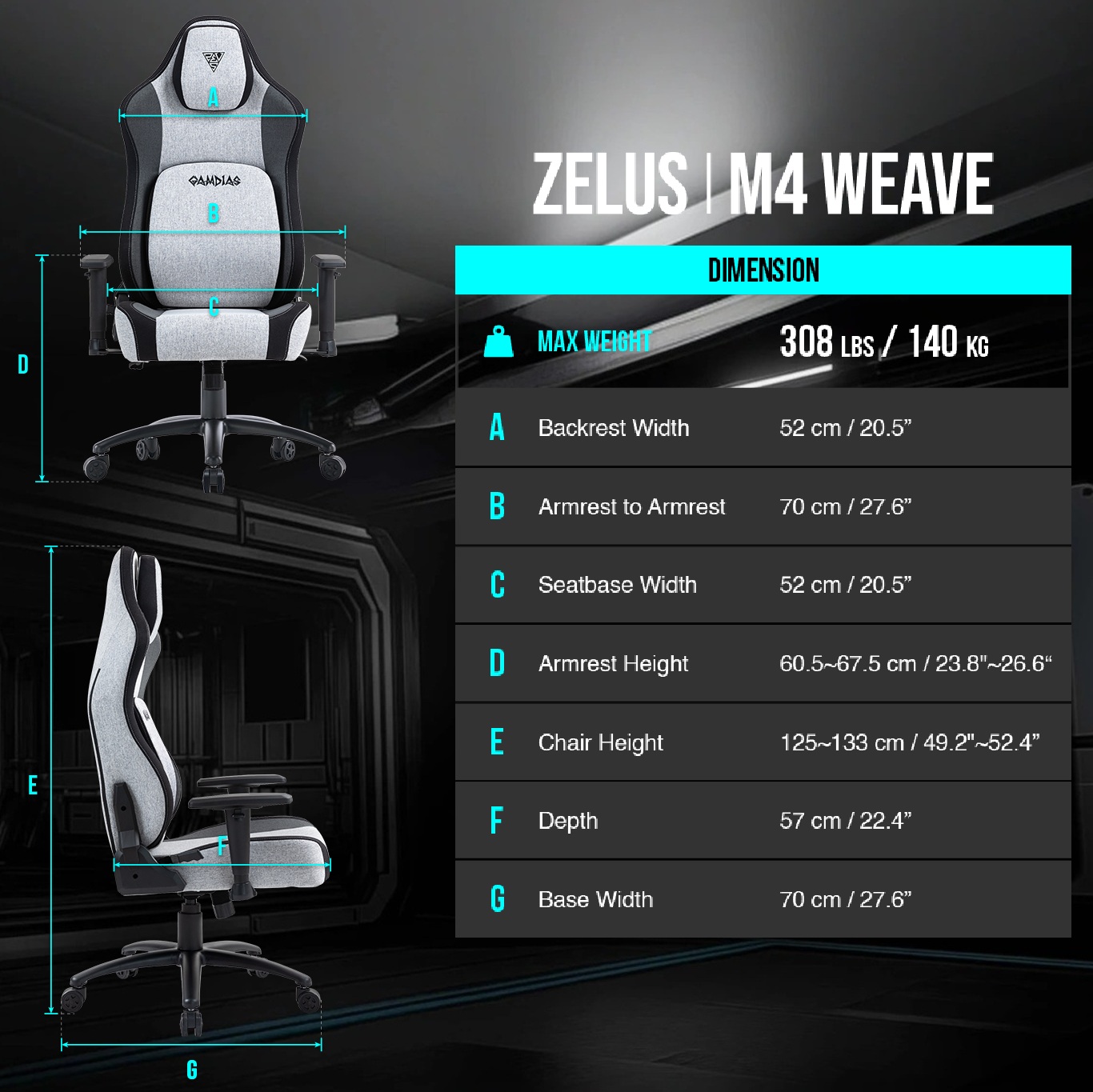 ZELUS-M4-WEAVE-GREYB ZELUS M4 Weave Ergonomic Gaming Chair GREY GAMDIAS ZELUS M4 Weave Ergonomic Gaming Chair – Premium Fabric, Ultrawide Seat, Gas Lift Lumbar Support, 2D Armrests, 160° Recline, Steel Base, High-Resilience Foam, 140kg Capacity | GREY BLACK 