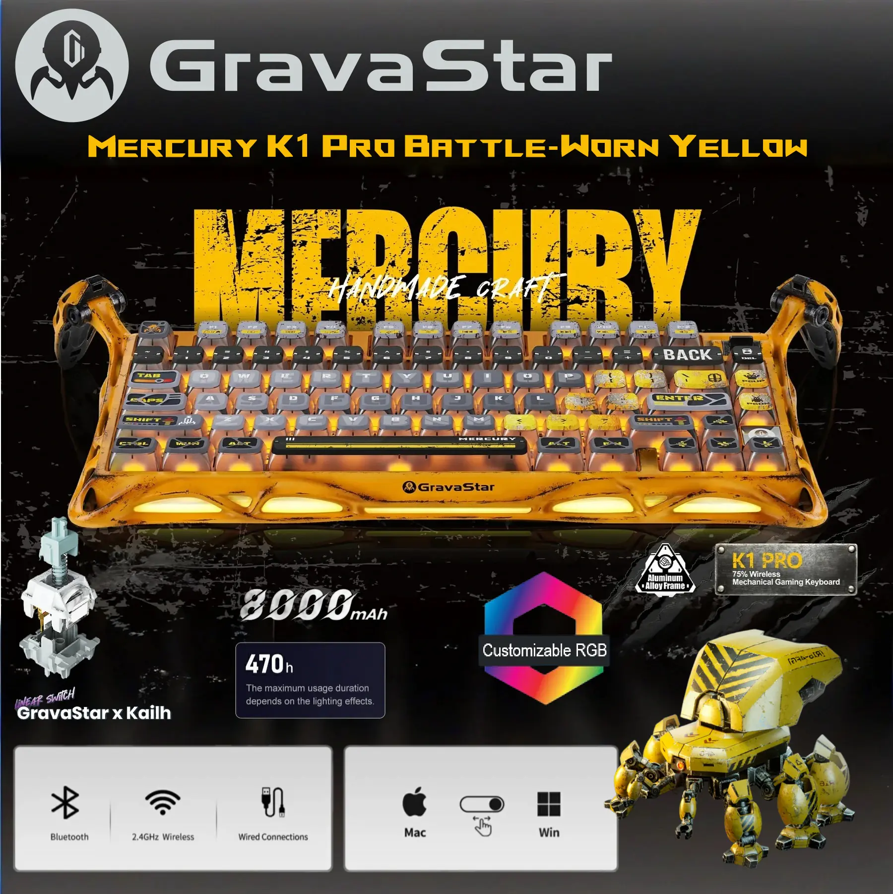 505437-MERCURY-K1-BY GravaStar Wireless Mechanical Yellow Keyboard Kailh Switch GravaStar Mercury K1 Pro 75% Wireless Mechanical Gaming Keyboard, Gasket-Mounted, Hot-Swap x Kailh Speedy Mint Linear Switches, Dual RGB, 8000mAh Battery, Custom Control Knob | Battle-Worn Yellow