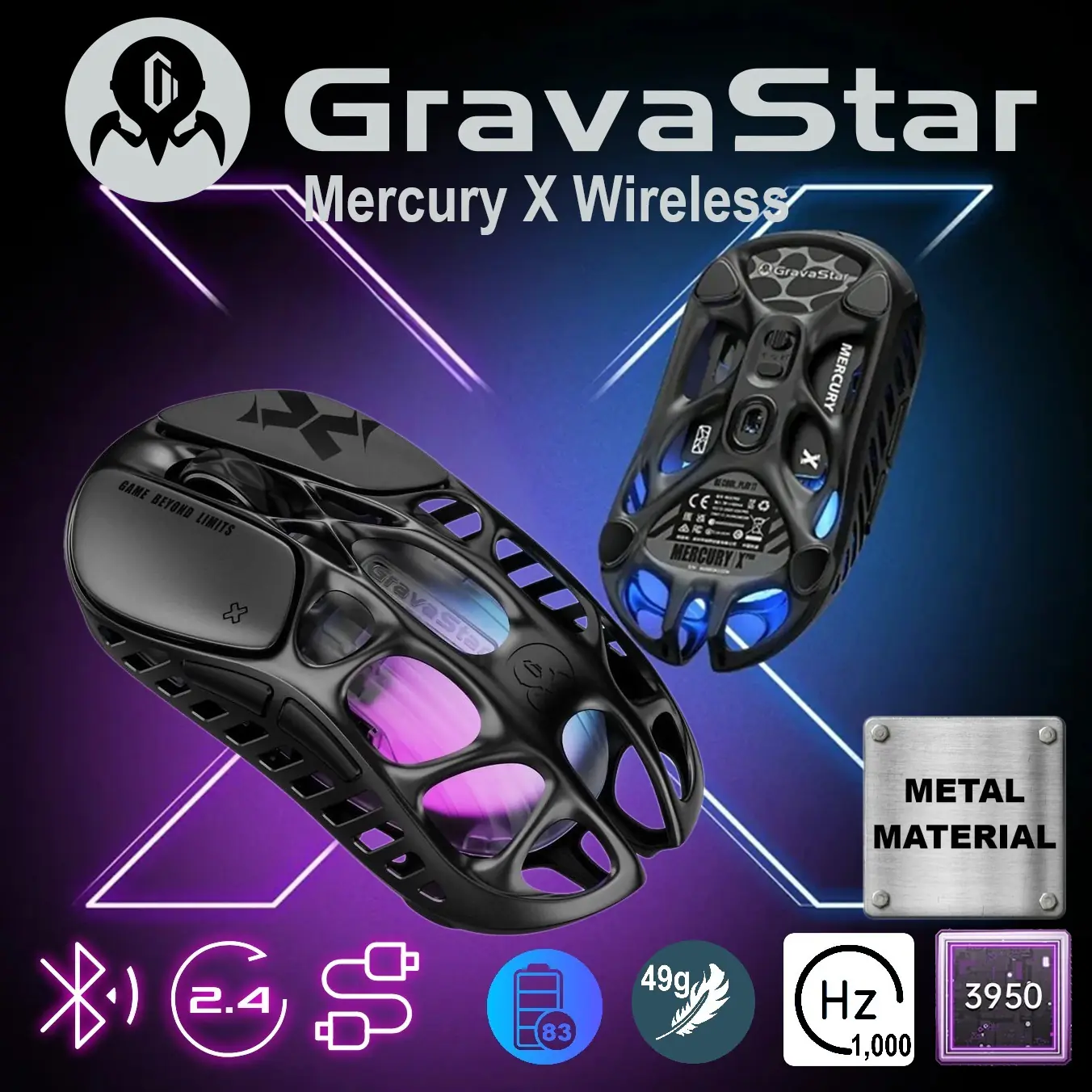505439-MERCURY-X-GB Mercury X Wireless Gaming Metal Mouse 49g GravaStar Mercury X Wireless Gaming Mouse 49g , Magnesium Alloy, PAW 3950 Sensor 32,000 DPI , 1000Hz Polling Rate, Tri-Mode Connectivity, 5 Programmable Buttons, RGB Lighting , Web-Based Software | Galaxy Black
