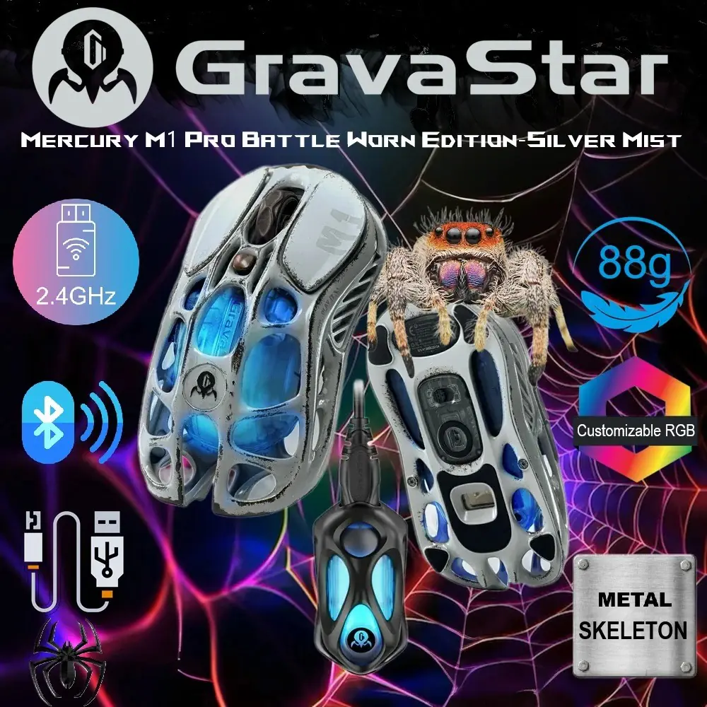 503111-MERCURYM1P-BS GravaStar Wireless Gaming Mouse Metal Skeleton GravaStar Mercury M1 Pro Wireless Gaming Mouse with PAW3395DM Sensor, Magnesium Alloy Skeleton Handcrafted Vintage Finish , 26000 DPI, 5 Programmable Buttons, 4K Dongle , RGB Lighting | Worn Edition-Silver Mist