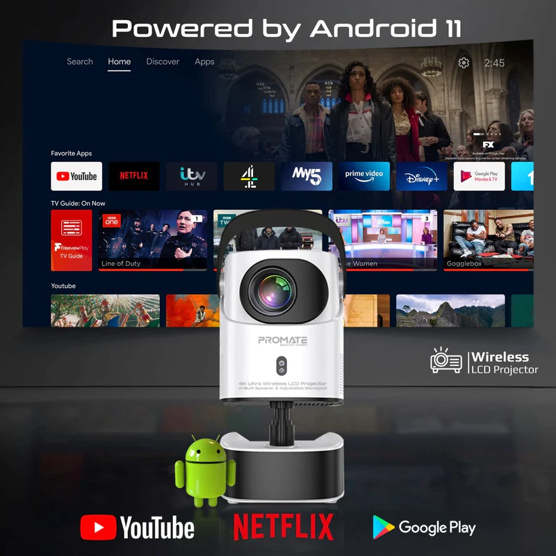 4K Ultra HD Wireless LCD Projector With Built-in Speaker And Monopod Stand – High-Resolution Display, Seamless Connectivity, Portable Design, And Immersive Audio