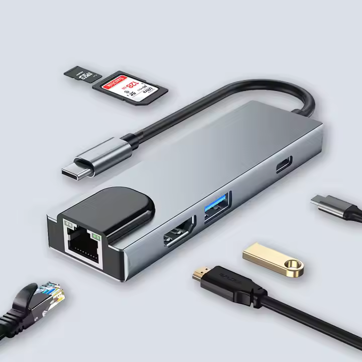 BYL D80 6-in-1 Type-C Hub With PD 100W, USB 3.0 (5Gbps), 4K HDMI, SD/TF Card Reader, Gigabit RJ45 Ethernet & Fast Charging Support