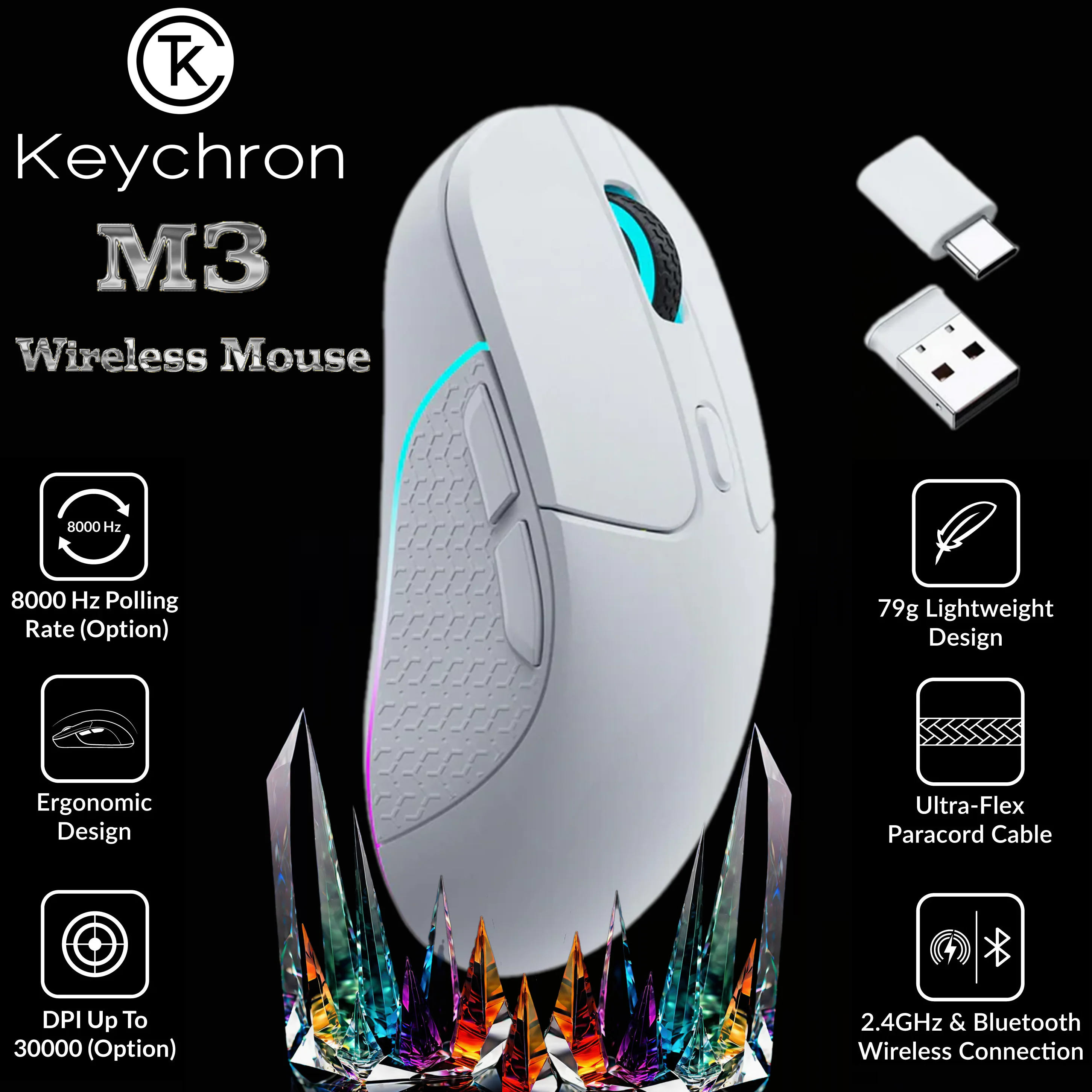 M3-A3 KEYCHRON M3 RGB WIRELESS WHITE MOUSE 1K Keychron M3 Wireless RGB Mouse, 1000Hz Polling Rate PixArt PAW3395 Sensor with Programmable Macro Button 26,000 DPI Supports Bluetooth 5.1 / 2.4 Ghz / Wired (type-C cable) , 79g Ultra-Light Ergonomic Design ; Kailh GM 8.0 Micro Switch ; 600mAh Battery ; Windows & macOS | WHITE M3-A3