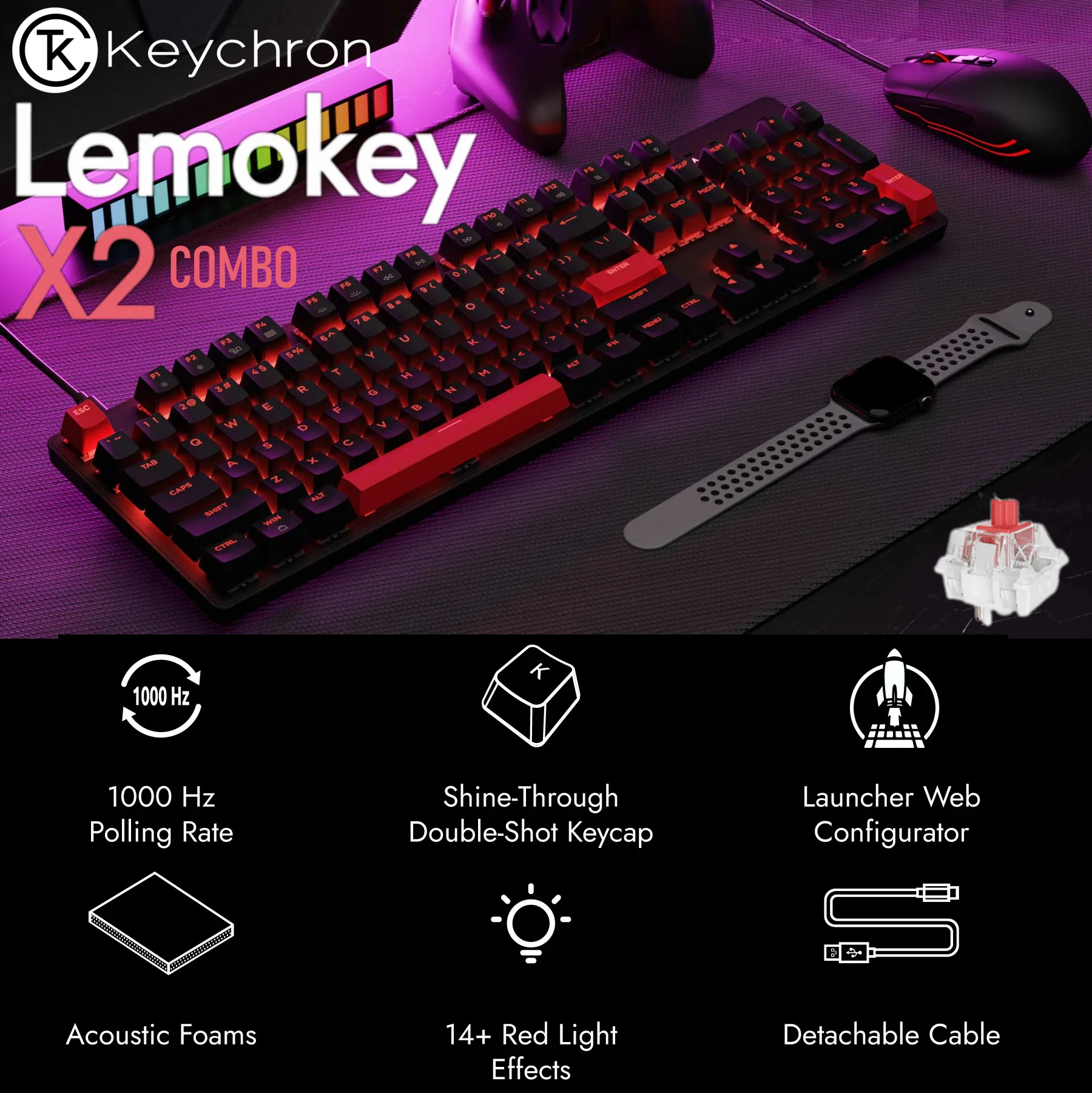 X2-C1 KEYCHRON LEMOKEY X2 RED BACKLIT \ RED SWT \ WIRED BLACK MECHAN COMBO KB Keychron Lemokey X2 QMK Wired Mechanical Keyboard & M55 Mouse COMBO  - With 100% Layout, Red Backlight, Keychron RED Switches, Acoustic Foam, OEM Shine-Through Keycaps & 1000Hz Polling Rate | X2-C1