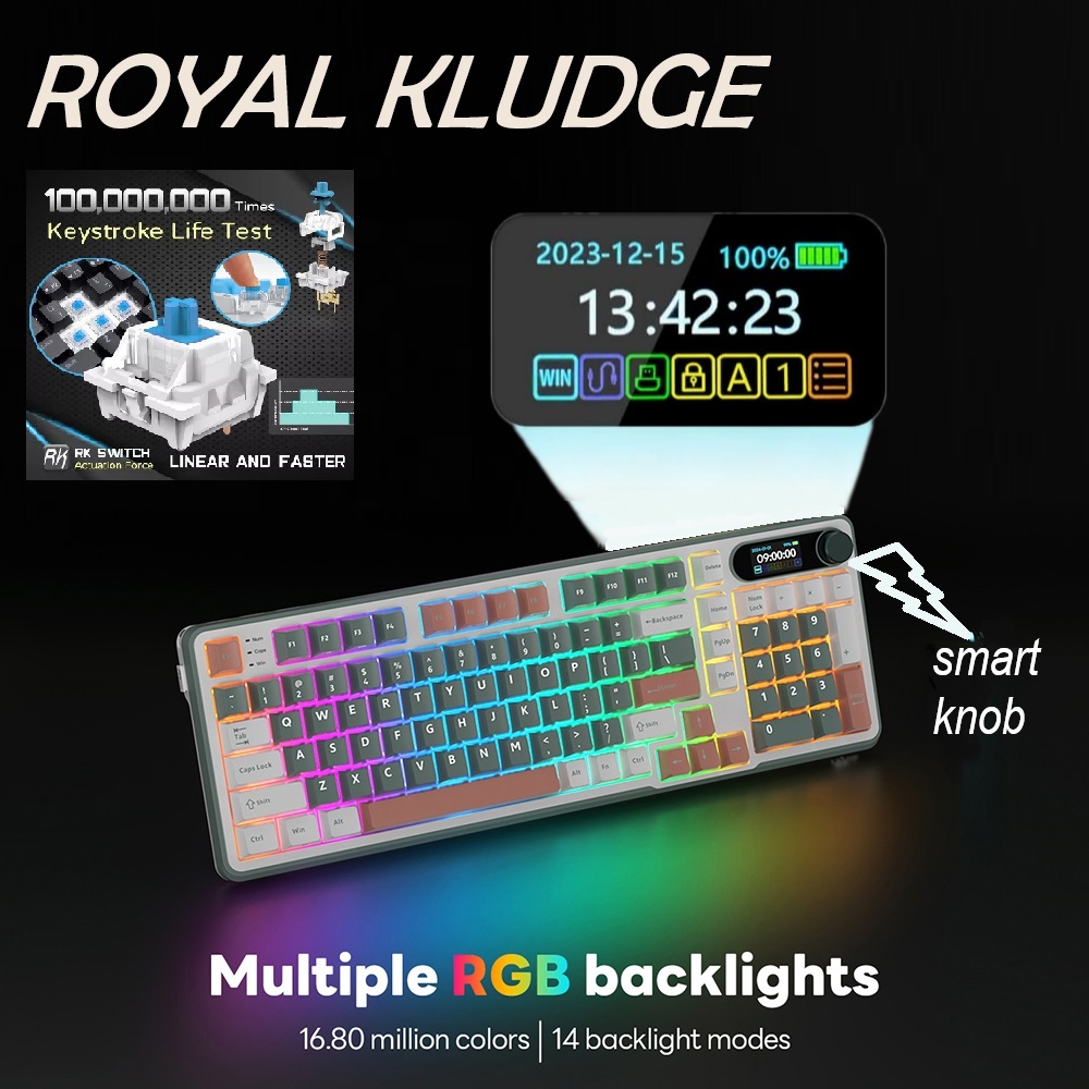 RK ROYAL KLUDGE RKS98 Mechanical Keyboard w/Smart Display & Knob, Top Mount 96% Wireless Mechanical Keyboard BT/2.4G/USB-C, Hot Swappable, Software Support, Massive Battery, 98 Keys Blue Switch . WIN-iOS-MAC-ANDROID