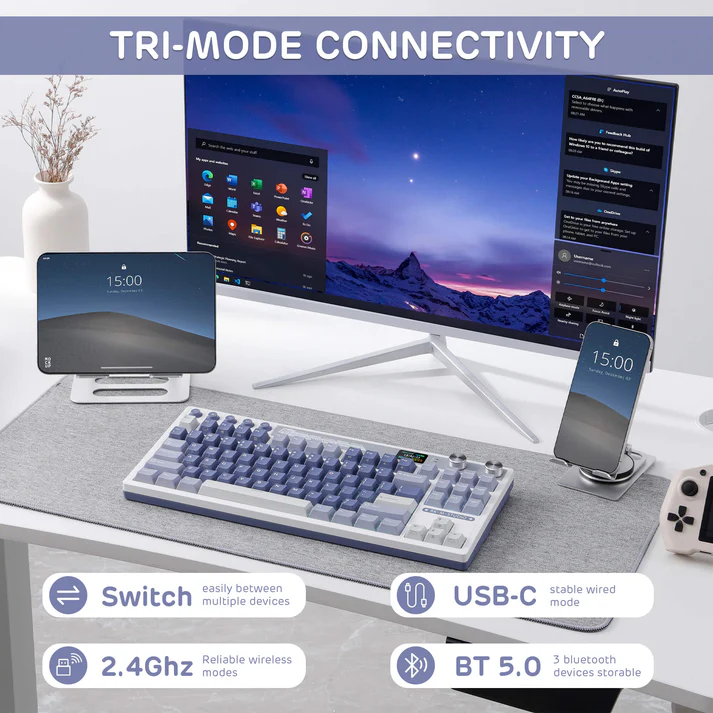 RKM87TKLWirelessGamingKeyboard_5 RK ROYAL KLUDGE  RK M87 88-Key Wireless Gaming Keyboard with LCD Screen and Dual Knob, 75% Percent 2.4Ghz/Bluetooth/USB-C Mechanical Keyboard with Gasket Structure, RGB Backlit Hot Swappable Blue Switches | Ocean Blue - Image 4