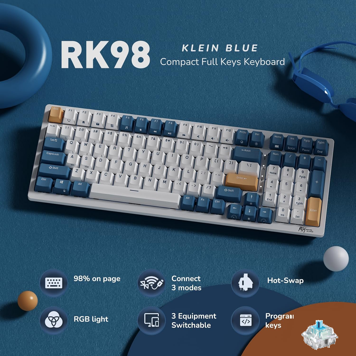 Royal Kludge RK98 | RGB Tri-Mode Mechanical Keyboard | 100 Keys | Hot-Swappable | Wired, Bluetooth & 2.4GHz Wireless | 3750mAh Battery | Klein Blue - Blue Switch