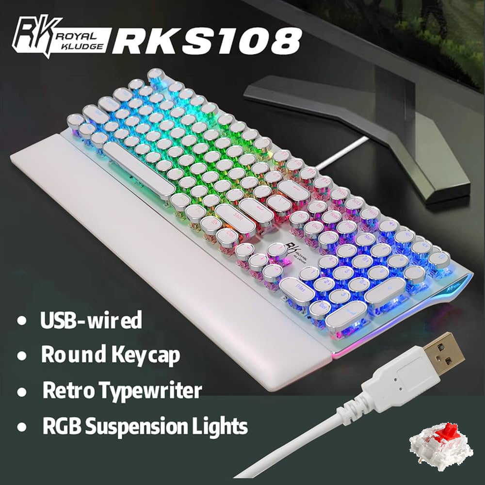 Royal Kludge 108-Key RGB Mechanical Keyboard | Wired | Steampunk Retro Typewriter Style | Detachable Wrist Rest | Anti-Ghosting | Metal Panel | PC/Mac/Linux | Red Switch