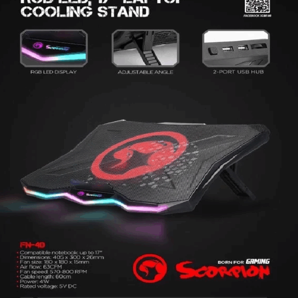 FN-40 ATLAS 40 Laptop Cooling Stand | Silent 180mm Fan | Adjustable Stand | Dual USB Hub | Optimized Vent Mesh | Supports Up to 17” Laptops | 570-800 RPM | 63 CFM Airflow