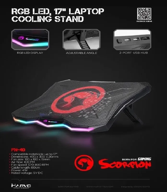 Untitled FN-40 ATLAS 40 Laptop Cooling Stand | Silent 180mm Fan | Adjustable Stand | Dual USB Hub | Optimized Vent Mesh | Supports Up to 17” Laptops | 570-800 RPM | 63 CFM Airflow - Image 1
