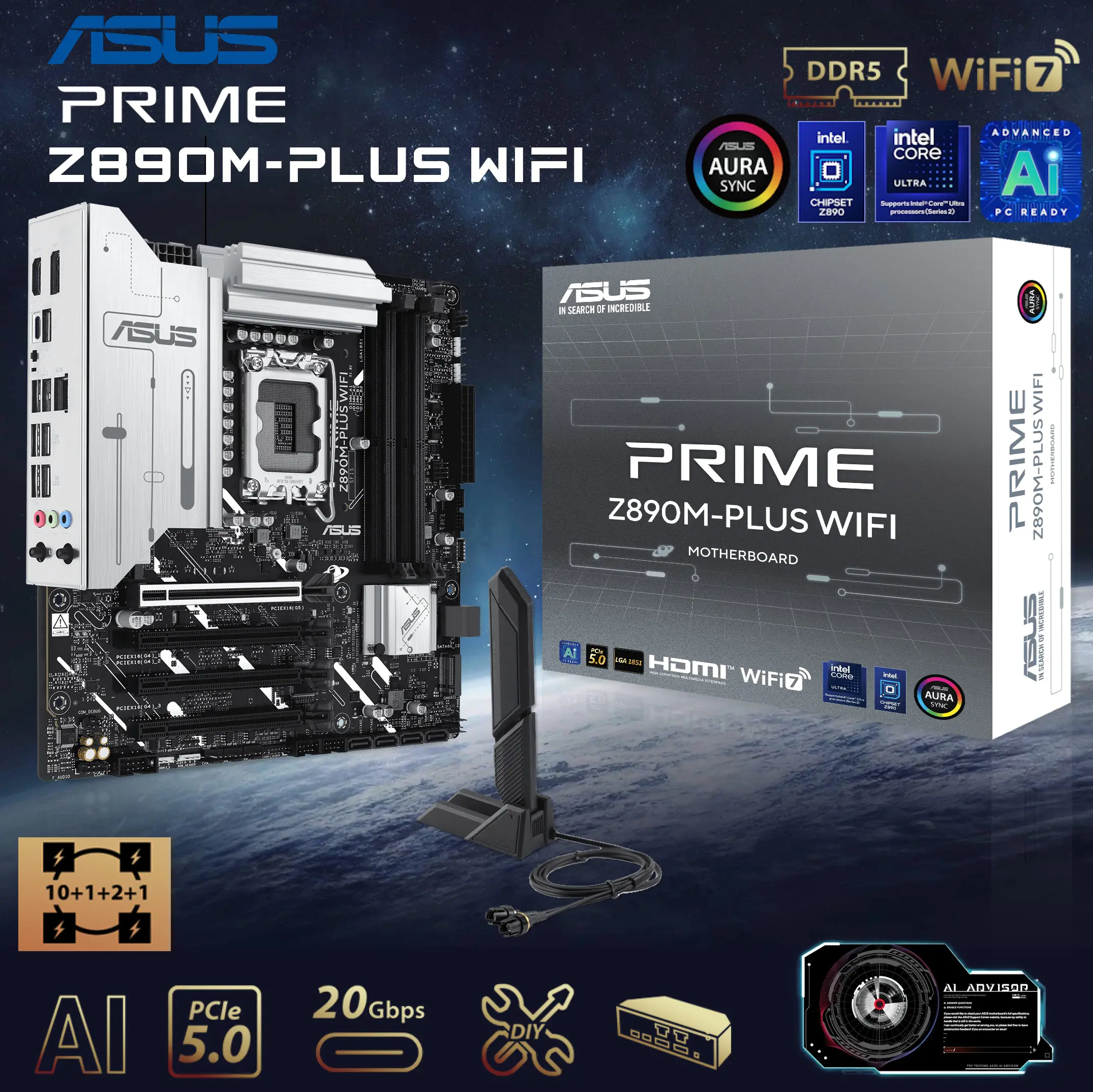 bg_kvfdh 90MB1J80-M0AAY0 Z890M-PLUS WIFI mATX motherboard for Ultra ASUS PRIME Z890M-PLUS WIFI Z890 LGA 1851 mATX motherboard, Intel® Core™ Ultra Series 2 Ready, Advanced AI PC-ready, 10+1+2+1 80A power stages, DDR5, PCIe® 5.0, USB Type-C®, 3x M.2, Wi-Fi 7, 2.5Gb LAN