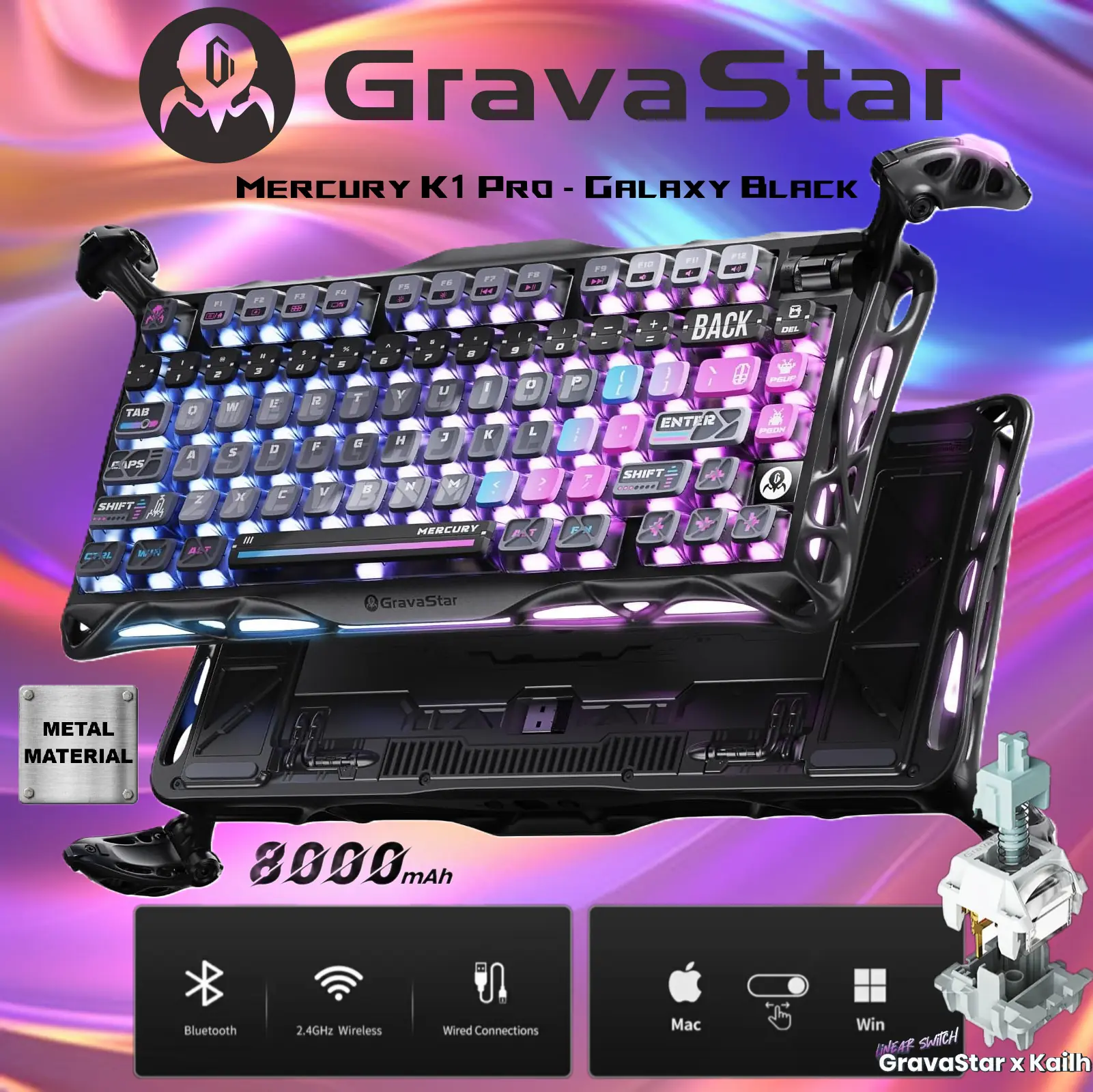 505436-MERCURY-K1-GB GravaStar Wireless RGB Keyboard Kailh Switch GravaStar Mercury K1 Pro 75% Wireless Mechanical Gaming Keyboard, Gasket-Mounted, Hot-Swap x Kailh Speedy Mint Linear Switches, Dual RGB, 8000mAh Battery, Custom Control Knob | Galaxy Black 