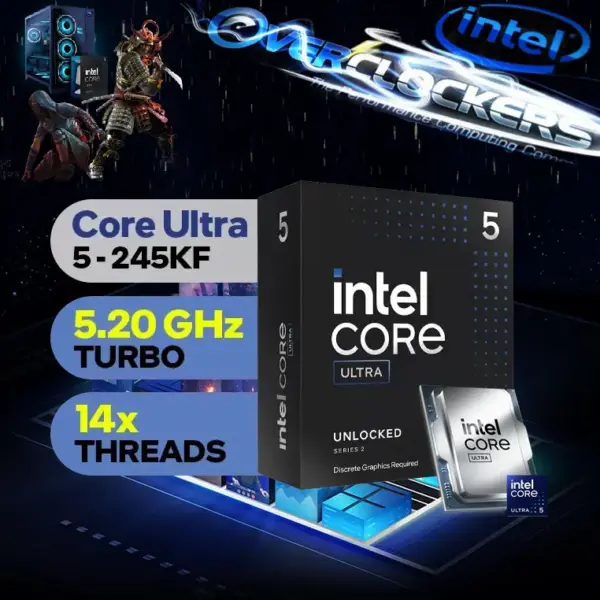 INTEL-ULTRA-245KF CPU Intel Core Ultra 5 245KF LGA 1851 CPU Intel® Core™ Ultra 5 245KF Arrow Lake Processor  - 14 cores (6 P-cores + 8 E-cores) up to 5.2 GHz - LGA 1851 - 125W Thermal Power Design - Intel Graphics - BOXED Desktop Processor