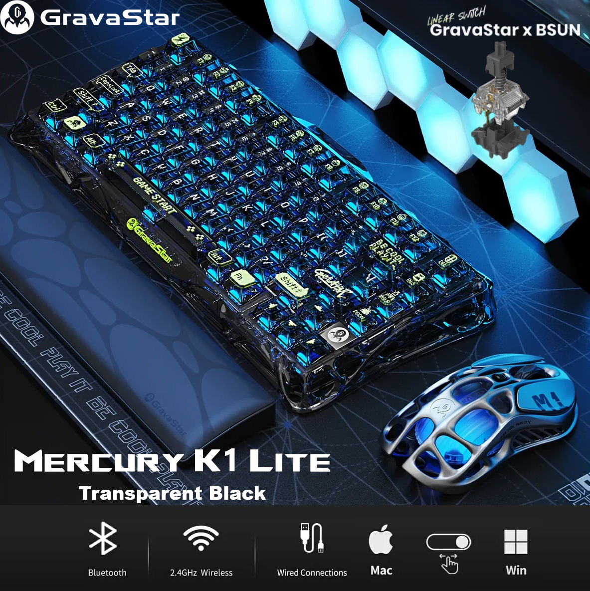 GS K1 LITE_XTAL_BLK K1 Lite GravaStar Mechanical Gaming Keyboard GravaStar Mercury K1 Lite Mechanical Gaming Keyboard, 75% Gasket Hot Swappable Keyboard, Pre-lubed Linear Switches, RGB Backlit, Tri-Mode Wireless, Custom GravaStar x BSUN linear Switches | Transparent Black