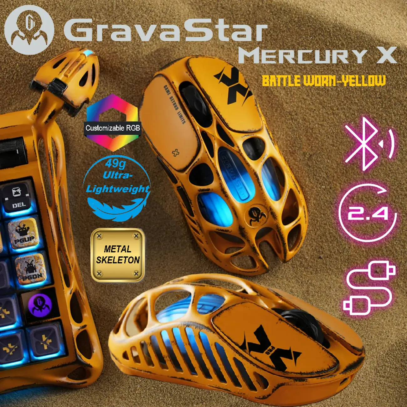 505482-MERCURY-X-BY Mercury X Wireless Gaming Metal Yellow Mouse GravaStar Mercury X Wireless Gaming Mouse 49g , Magnesium Alloy, PAW 3950 Sensor 32,000 DPI , 1000Hz Polling Rate, Tri-Mode Connectivity, 5 Programmable Buttons, RGB Lighting , Web-Based Software | Battle Worn-Yellow