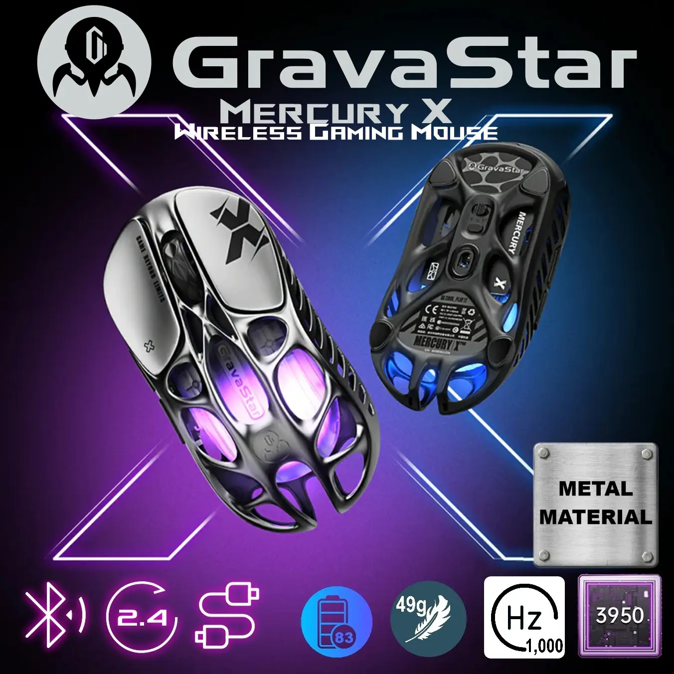 505440-MERCURY-X-IS Mercury X Wireless Gaming Metal Silver Mouse GravaStar Mercury X Wireless Gaming Mouse 49g , Magnesium Alloy, PAW 3950 Sensor 32,000 DPI , 1000Hz Polling Rate, Tri-Mode Connectivity, 5 Programmable Buttons, RGB Lighting , Web-Based Software | Interstellar Silver