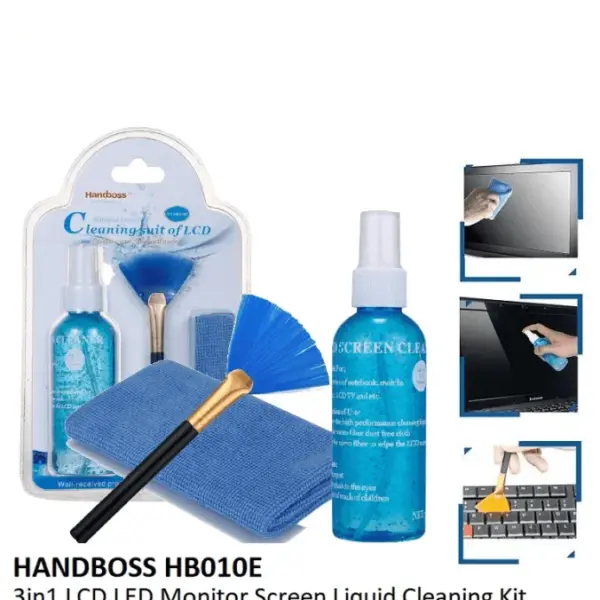 Handboss FH-HB010E LCD Cleaning Kit – Biological Ferment Cleanser, Pearl Wipe, Computer Brush for Laptops, LCDs, TVs, Cameras, and Office Equipment