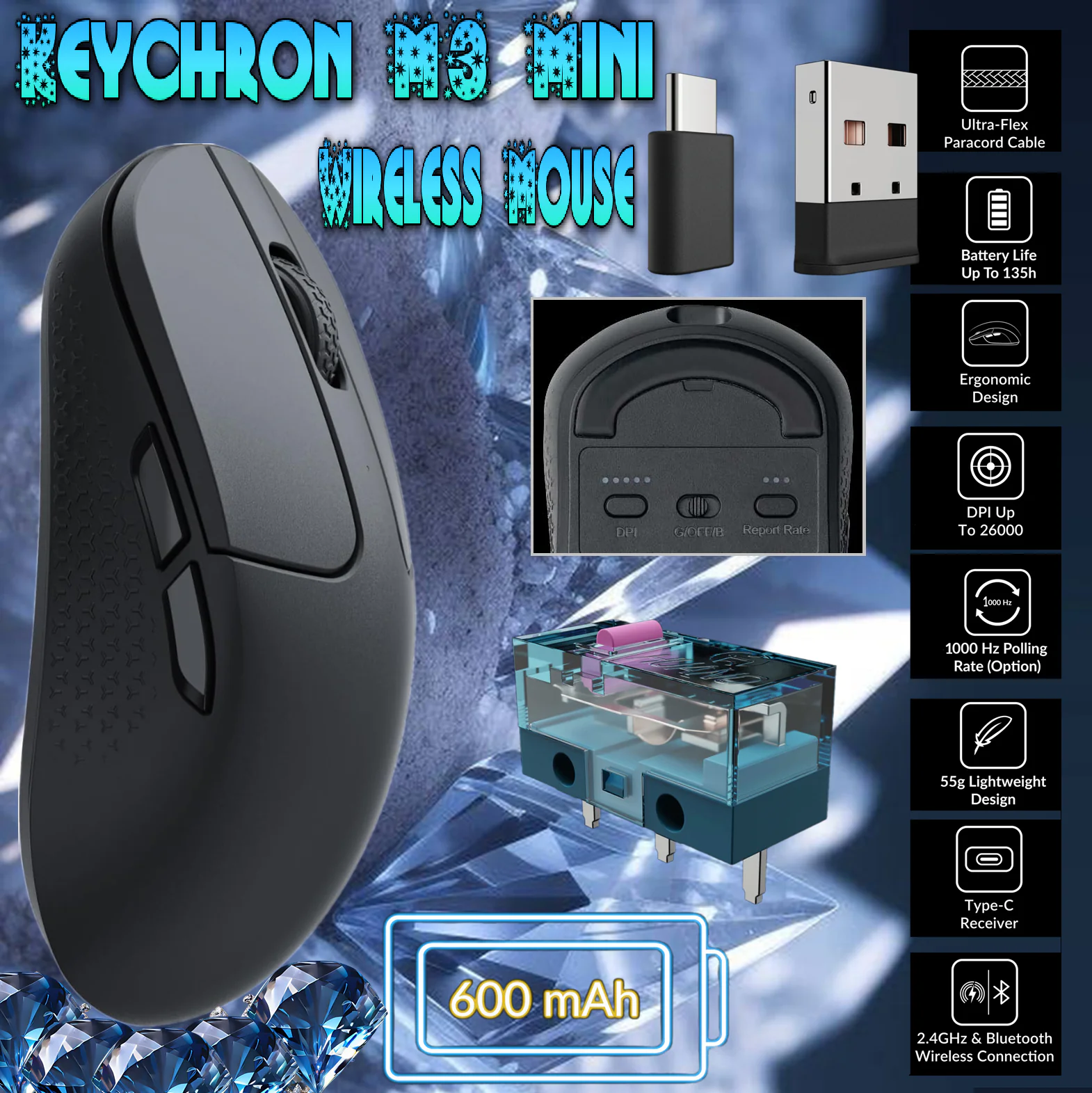 keychron m3 mini wireless mouse 1K M3M-A1 KEYCHRON M3 MINI WIRELESS BLACK MOUSE 1000Hz Keychron M3 Mini Wireless Mouse With 1K Polling Rate | PixArt 3395 Sensor | 26,000 DPI | Bluetooth 5.1 / 2.4GHz / Wired | Lightweight 55g | RGB | Huano Switches | Windows & macOS | BLACK M3M-A1