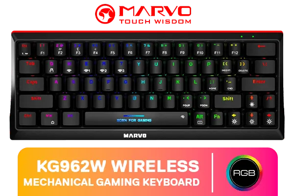 marvo-kg962w-wireless-gaming-keyboard-blue-switch-600px-v11 (1) MARVO KG962W Wired & 2.4G & BT Three Modes 63 Keys Mechanical Keyboard | RGB Backlight with 12 Modes, Blue/Red Switches, Full Anti-Ghosting, Detachable Type-C Cable - Image 1