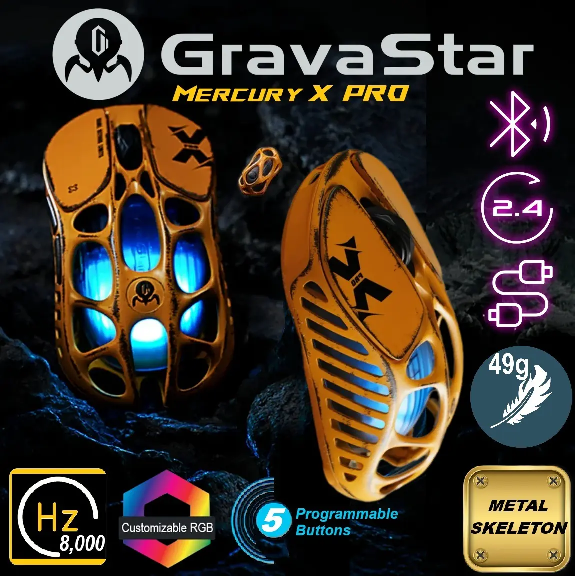 Mercury X Pro 8K Wireless Gaming Mouse 505483-MERCURY-XP-BY Mercury X Pro 8K Wireless Gaming Mouse GRAVASTAR Mercury X Pro 8K Wireless Worn Edition-Yellow Gaming  Mouse with X Pro 8000Hz Dongle – Lightweight 49g, PAW 3950 32K DPI, Tri-Mode Connectivity, RGB, Magnesium Alloy Skeleton | Battle Worn-Yellow 