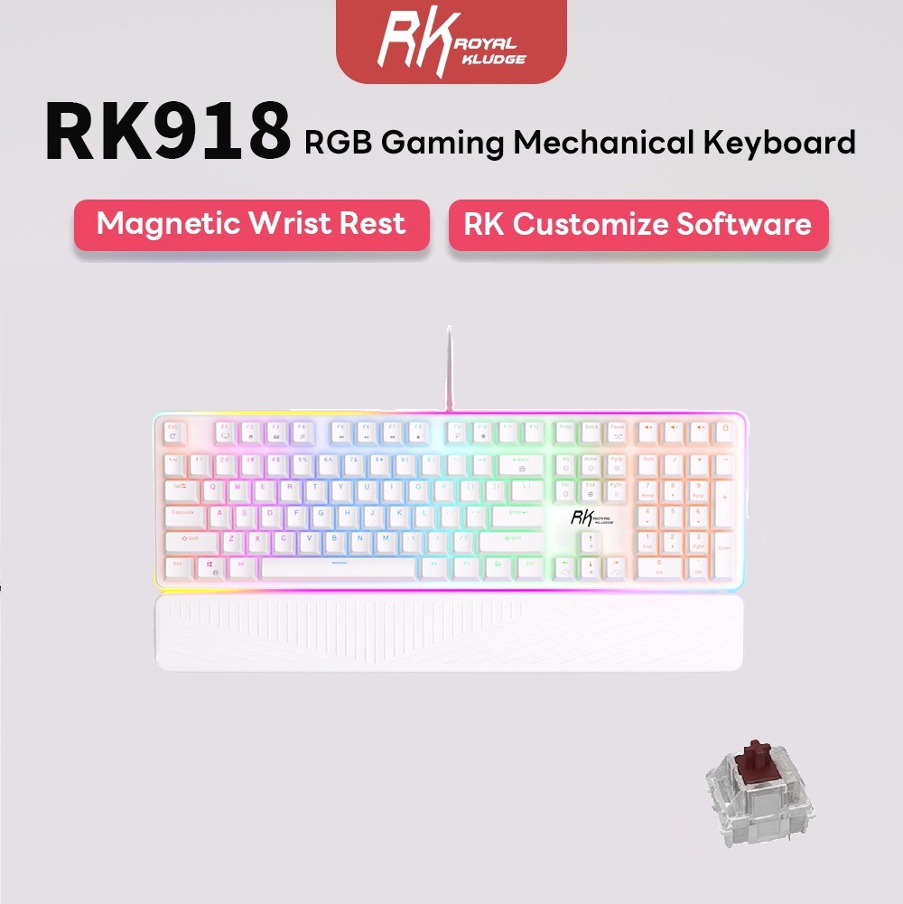 Royal Kludge RK918 Full-Size 108-Key Mechanical Gaming Keyboard with Brown Switches, RGB Backlight, Wired Connection, White