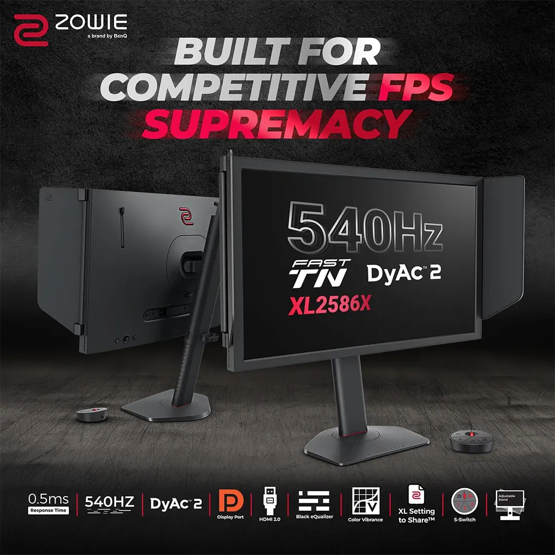 XL2586X 24 inch Fast TN 540Hz Esports Gaming Monitor BENQ ZOWIE XL2586X GAMING MONITOR, 24.1″ FHD FAST TN DISPLAY, 540HZ REFRESH RATE, 0.5MS RESPONSE TIME, DYAC™ 2 TECHNOLOGY, BLACK EQUALIZER, COLOR VIBRANCE, S SWITCH, SHIELDING HOOD, BLACK | XL2586X