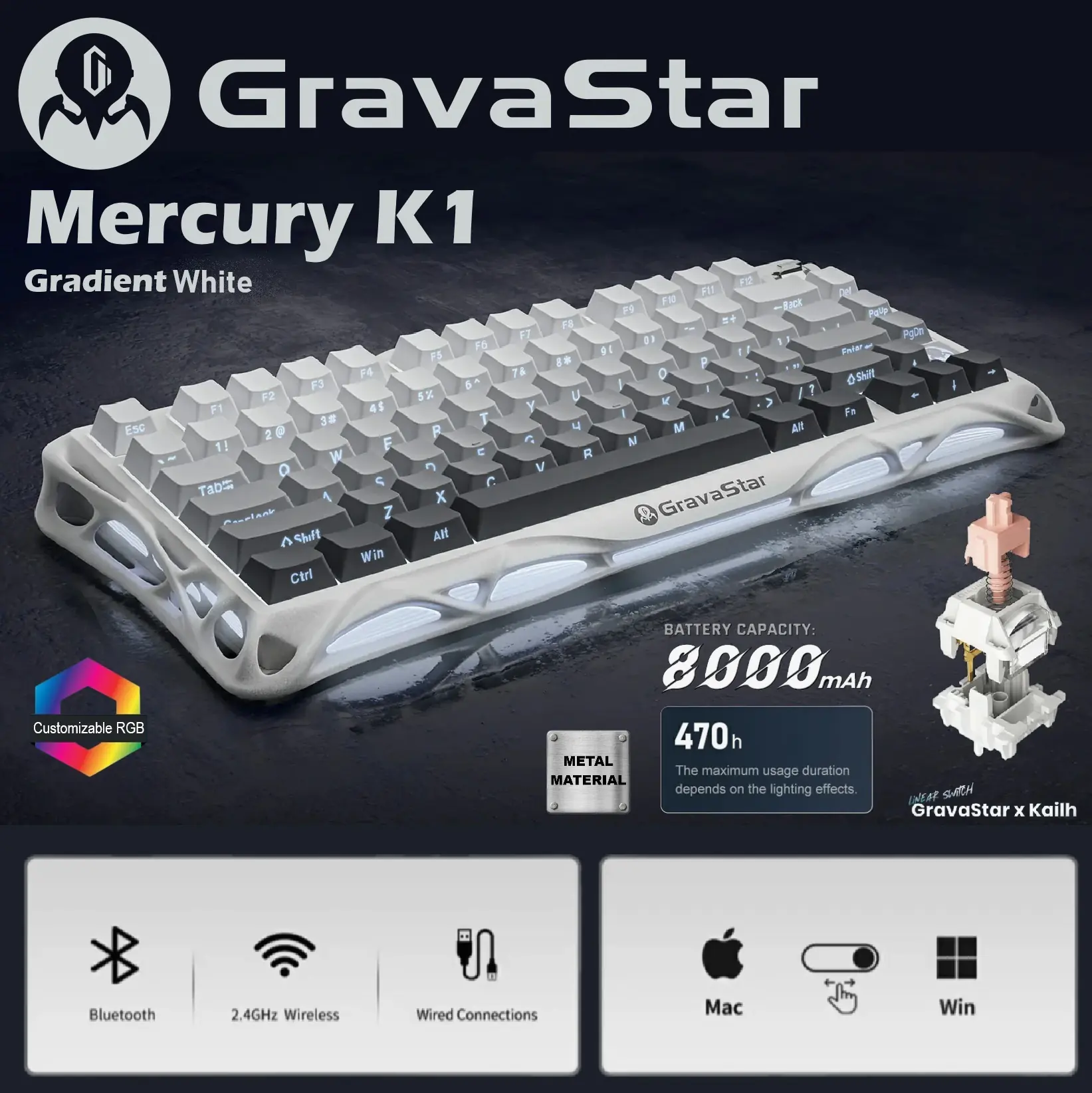504898 Mercury K1 Wireless WHITE Mechanical Keyboard GravaStar Mercury K1 – 75% Wireless Mechanical Gaming Keyboard With Aluminum Alloy Exoskeleton, Hot-Swap Sockets, Kailh Linear Switches, Dual RGB, & 8000mAh Battery | Gradient White