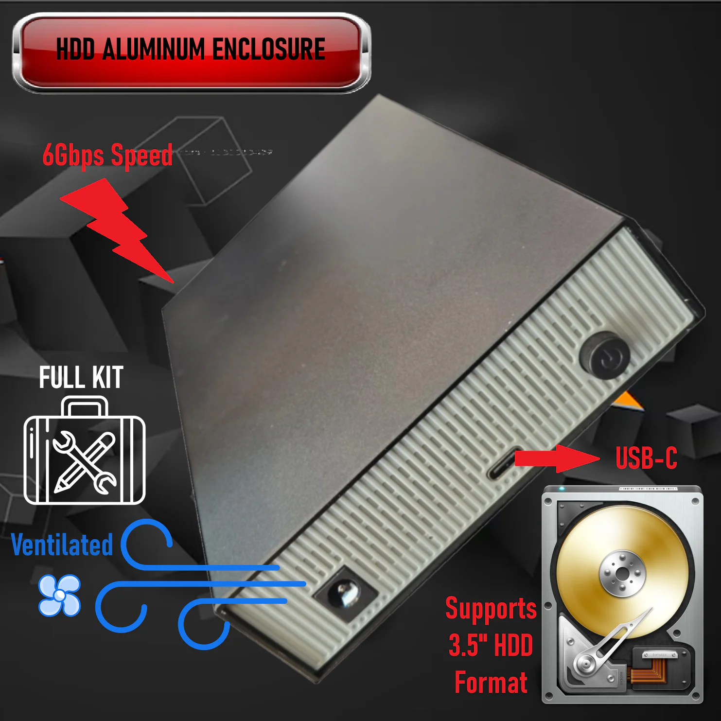 Z30-USB3.1 ENCLOSURE Z30 USB 3.0 TO 3.5" SATA HDD EXTERNAL CASE BLACK-GREY ALUMINUM 3.5 Inch SATA HDD Enclosure With USB 3.1 Gen 2 Type-C Port, Aluminum-ABS Build, 6Gbps Speed, Ventilated Drawer, Screw Mount, USB C to A Cable | Black-Grey