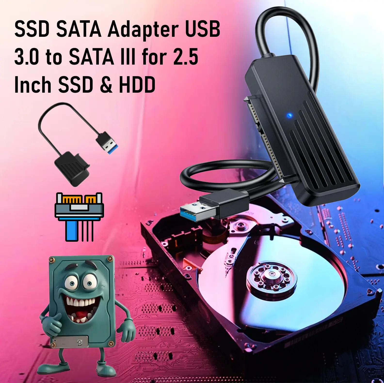 U3-S25 CONVERTER USB 3.0 TO 2.5" SATA PRO GOOD QUALITY USB 3.0 To SATA III Adapter Cable For 2.5-Inch SSD & HDD Up To 6TB – Tool-Free, UASP Support, Plug-And-Play, 5Gbps Speed, Compatible With Windows, macOS, PS4, Xbox – Black