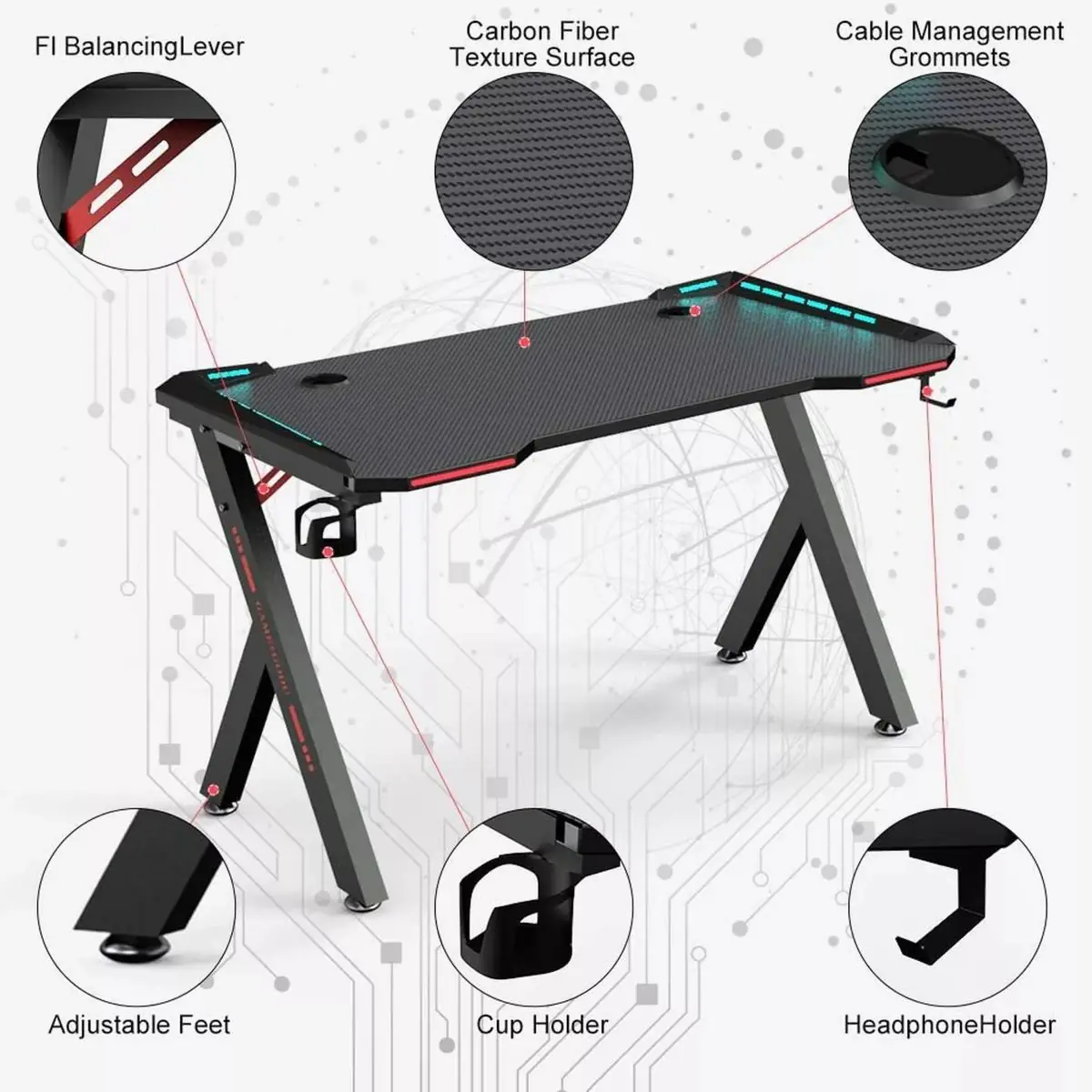 5.2-6 (1) POWER MAX RGB Gaming Desk – Black | 120×60×72 cm | Carbon Fiber Texture | RGB Lighting | Cup Holder & Headset Hook | 150kg Load | Heavy-Duty Steel Frame - Image 1