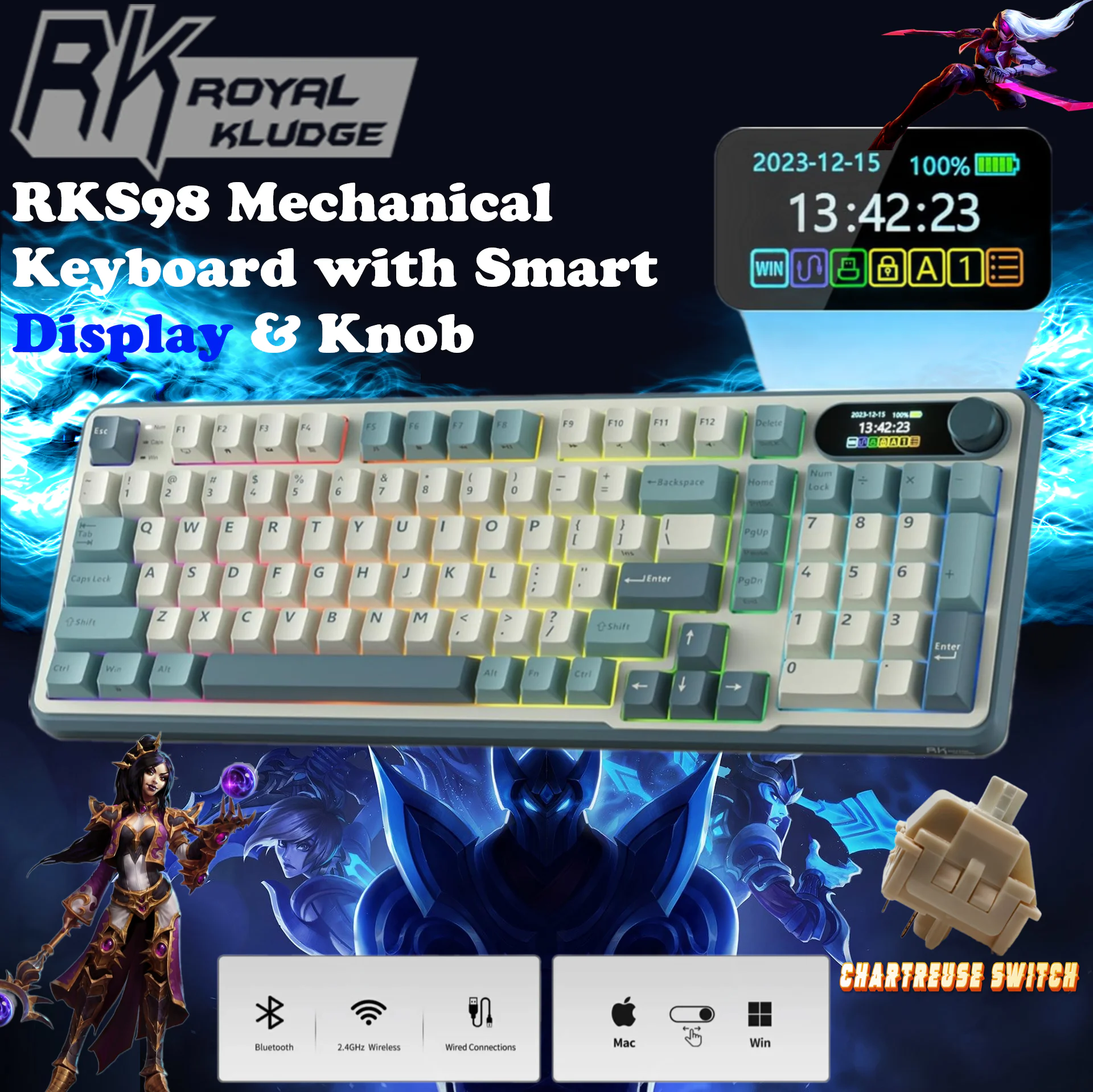 61882 RKS98-CLOUD-CHARTR ROYAL KLUDGE RKS98 98KEYS / CHARTREUSE SWITCH / LIGHT CLOUD RGB (3C) W-W-B SWAPPABLE KB RK Royal Kludge S98 96% Wireless Mechanical Keyboard With Smart Display, Knob, 12 Modes RGB, Hot Swappable Switches, Triple Mode, Sound Dampening & 3750mAh Battery, Chartreuse (Linear) Switch | BLUE LIGHT CLOUD