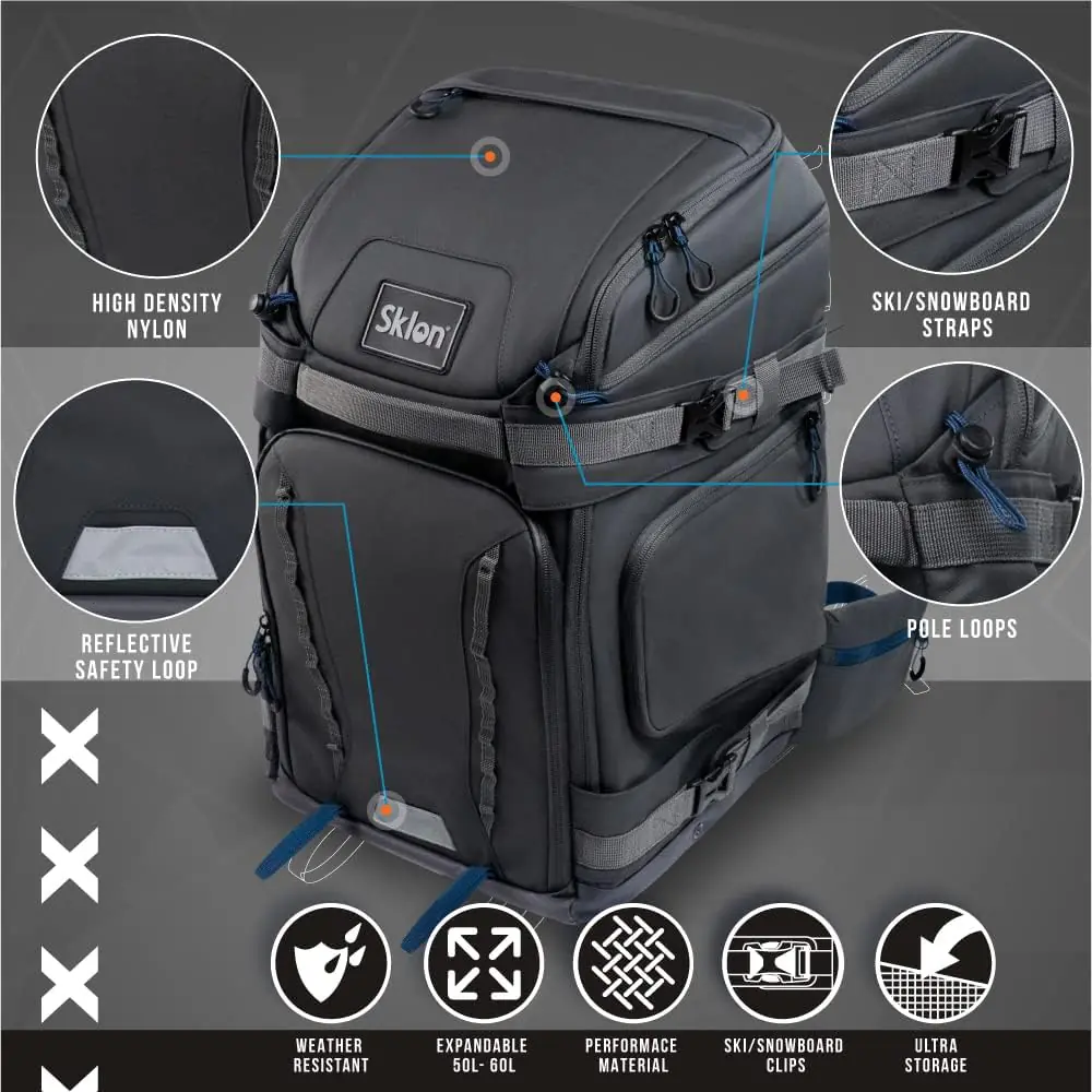 Sklon Ski Boot Bag Backpack – 65L Slate/Indigo, Expandable, Soft Shell Travel Bag, Unisex Adult, Polyester Nylon