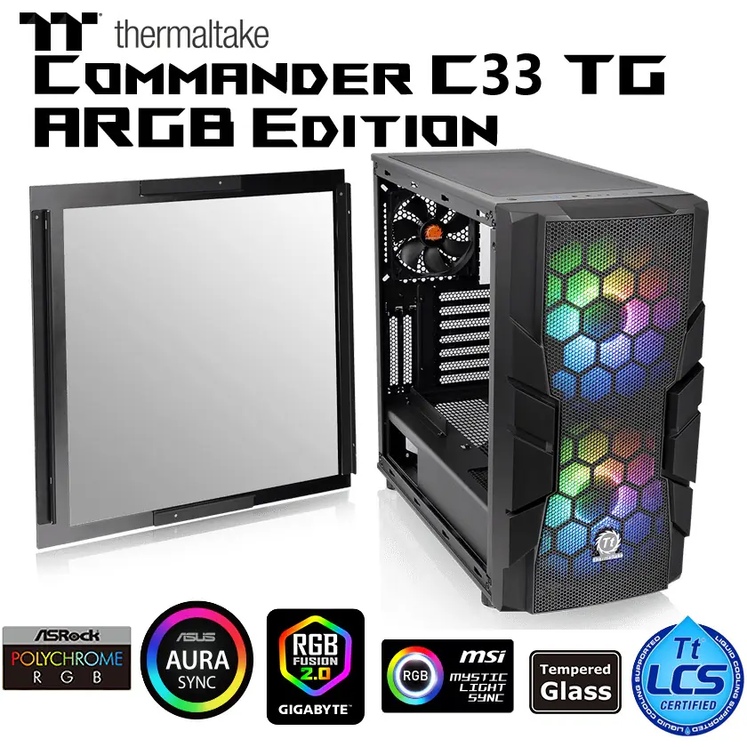 64titlfhdhed Thermaltake Commander C33 TG ARGB Mid-Tower Gaming Case | 2x 200mm ARGB Fans | ATX Support | 4mm Glass | USB 3.0 | Liquid Cooling Ready | 410mm GPU Clearance