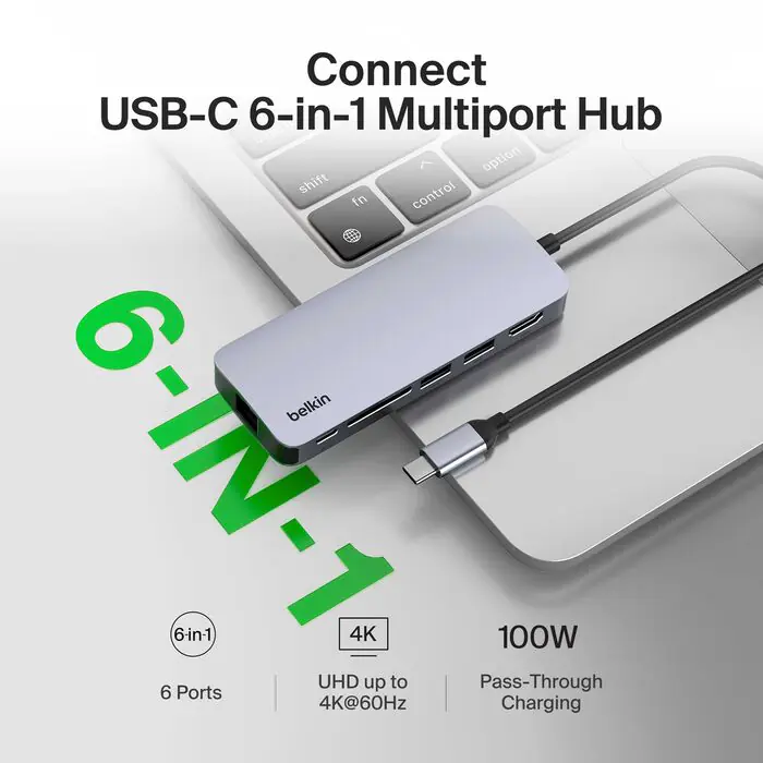 66d215697c69a9ae_AVC008-V2-usb-c-6-1-multiport-hub-amazon-gg2-6000x6000-us__lz__en_US BELKIN USB-C 6IN1 4K 30Hz Multiport Adapter PD 100W, 2 USB-A Ports, HDMI, SD Card Reader, Gigabit Ethernet – Expand Laptop Ports, Pass-Through Charging, 5Gbps Data Speed - Image 1