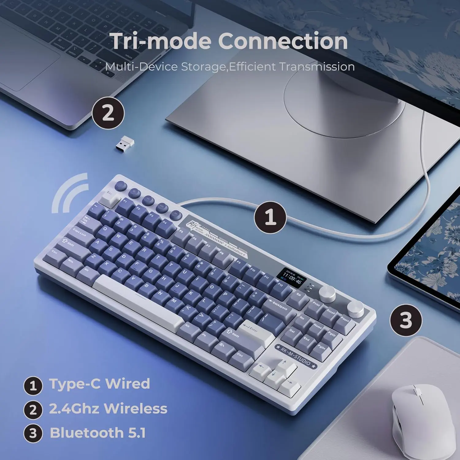 71Uf2Fh6j RK-M87-OCEAN-BLUE ROYAL KLUDGE RK M87 88KEYS / BLUE SWITCH / OCEAN BLUE RGB TRI-MODE SWAPPABLE KEYBOARD RK ROYAL KLUDGE  RK M87 88-Key Wireless Gaming Keyboard with LCD Screen and Dual Knob, 75% Percent 2.4Ghz/Bluetooth/USB-C Mechanical Keyboard with Gasket Structure, RGB Backlit Hot Swappable Blue Switches | Ocean Blue