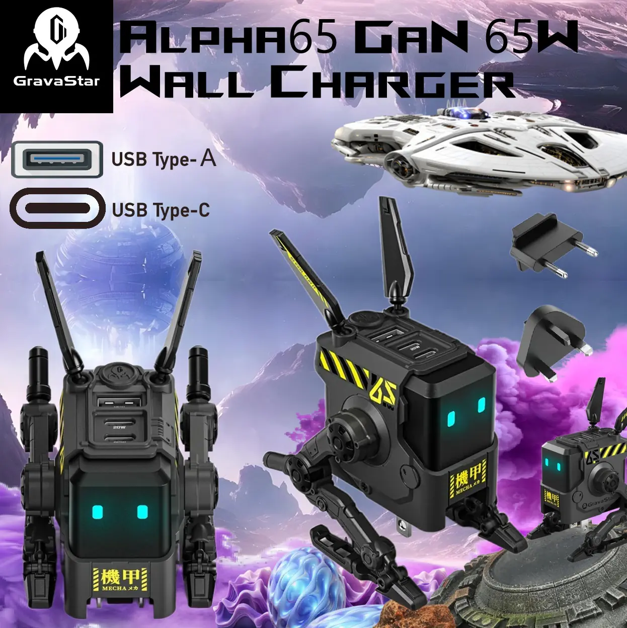 504307 GravaStar Alpha65 GaN 65W Wall Charger Robot GravaStar Alpha65 GaN 65W Wall Charger Robot –  3 USB Ports , Dual USB-C PD & USB-A, Mecha Protection, Foldable Design, 110V-240V Input, US/EU/UK Plugs, for iPhone, MacBook, iPad, Galaxy S23/S24, Steam Deck | 65W Charcoal Gray