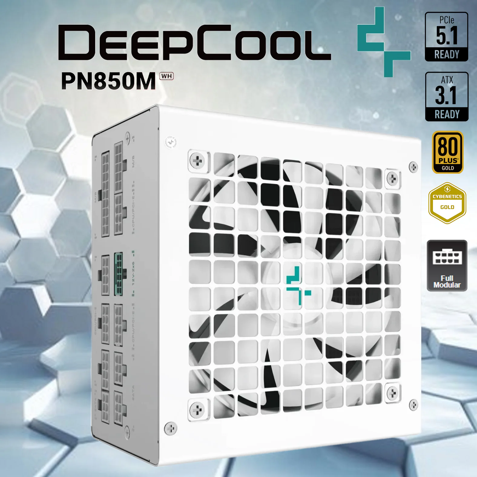 919809 R-PN850M-FC0W-CN DEEPCOOL PN850M 80+ 850W GOLD MODULAR WHITE POWER SUPPLY DEEPCOOL PN850M WH 850W 80+ Gold PSU ATX 3.1 | Full-Modular | PCIe 5.0 Ready 12V-2x6| Sleeved Cables | Quiet 120mm Fan | Dual EPS | Japanese Capacitor | Premium Gaming Power Supply | WHITE